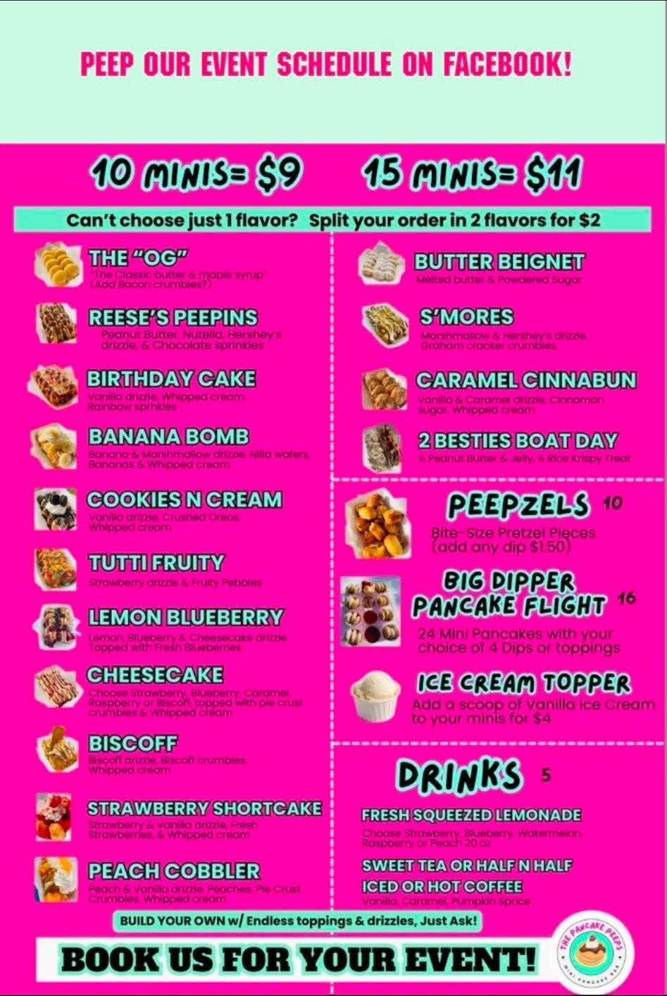 The Pancake Peeps flavor menu and pricing flyer