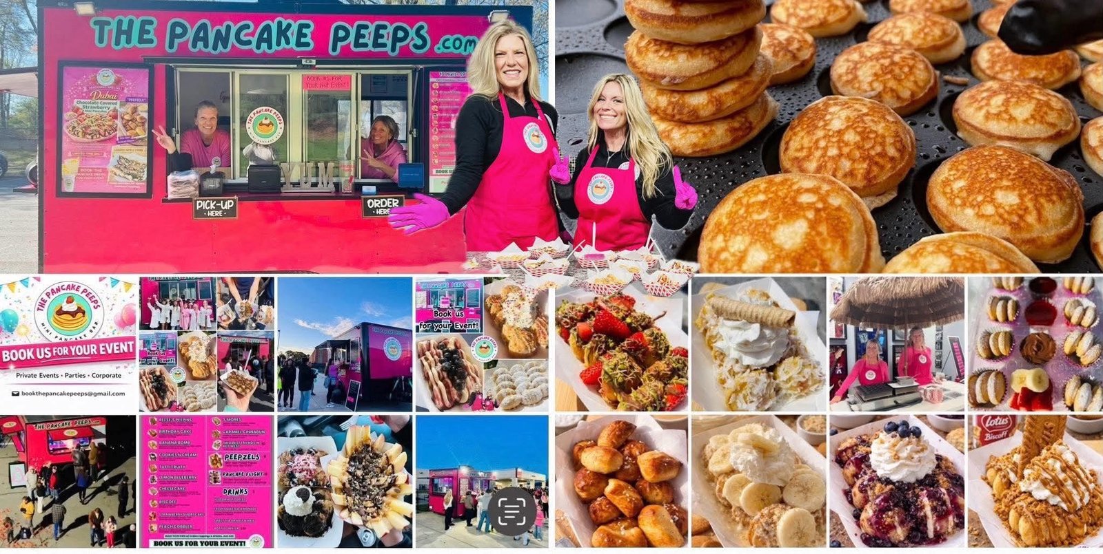 Collage of The Pancake Peeps pink pancake truck at different events