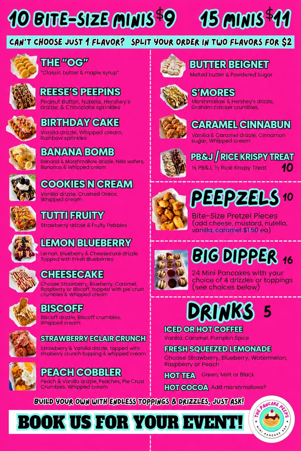 The Pancake Peeps full menu with flavors, Peepzels, Big Dipper and drinks