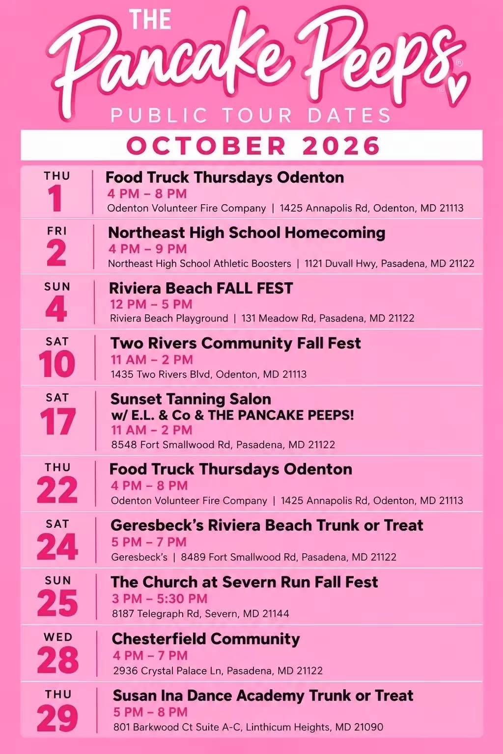 The Pancake Peeps October event schedule in Pasadena, MD