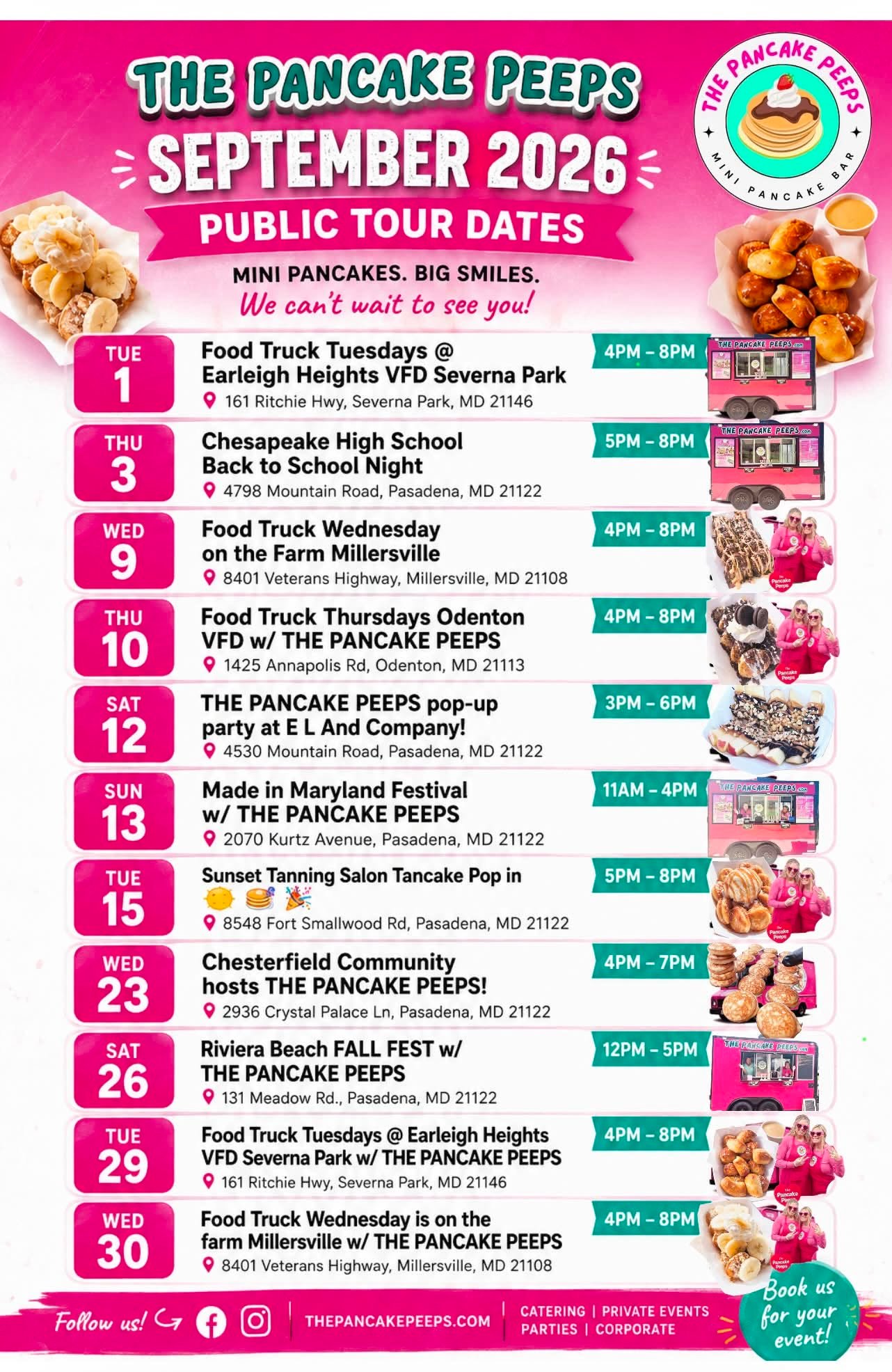 The Pancake Peeps September event schedule in Pasadena, MD