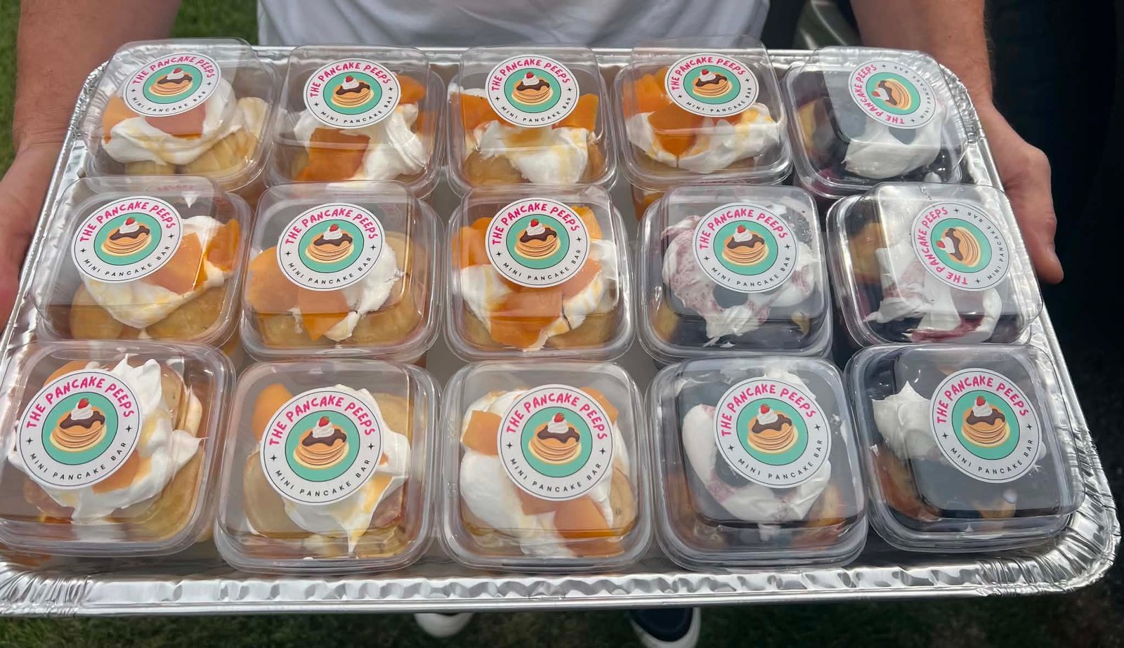 Catering tray of peach cobbler pancake cups
