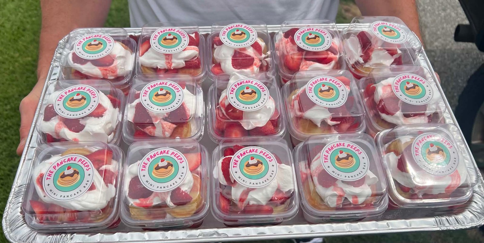 Catering tray of strawberry shortcake pancake cups