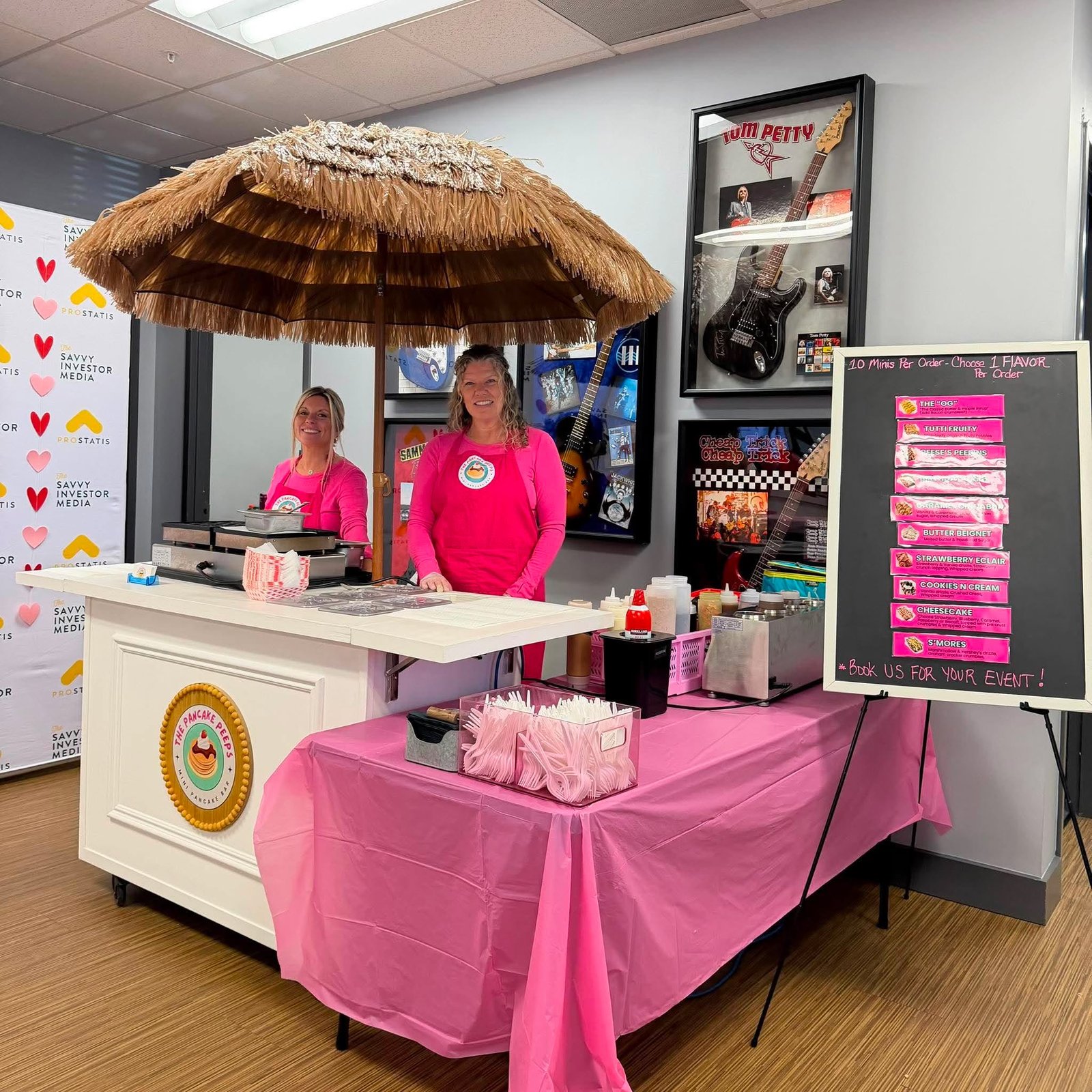 Tiki Hut-inspired pancake cart set up at an indoor corporate event